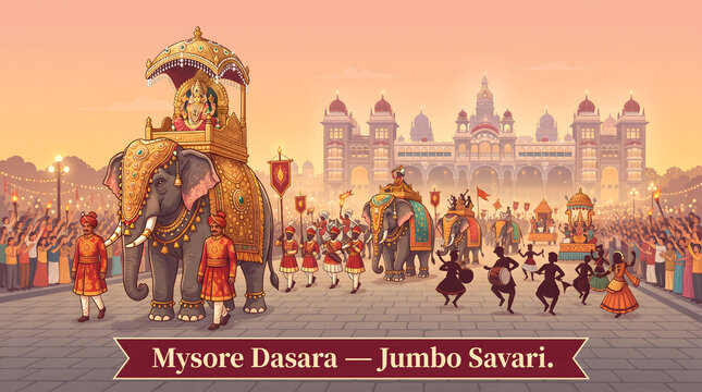 Mysore dasara jumbo savari procession with decorated elephant cheering crowd dancer and illuminated royal palace at sunset