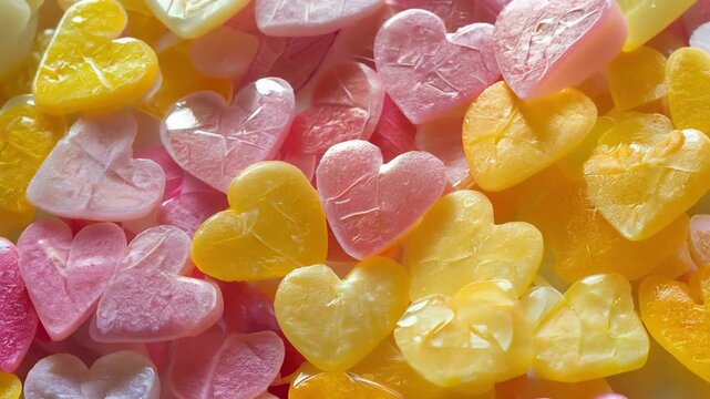 Pile of pink, yellow and white heart shaped sugar candies in close up, sweet treat, Valentine's Day gift, colorful confectionery.