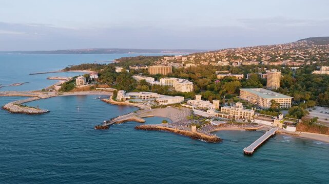 Saints Constantine and Helena resort aerial sunrise drone view coastline beach hotels Black Sea Varna Bulgaria travel footage