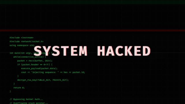System hacked warning message on a dark green retro computer screen with glitchy digital code and data stream background