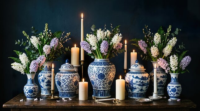 Elegant dark still life arrangement featuring blue and white porcelain vases with flowers and burning candles on a wooden surface
