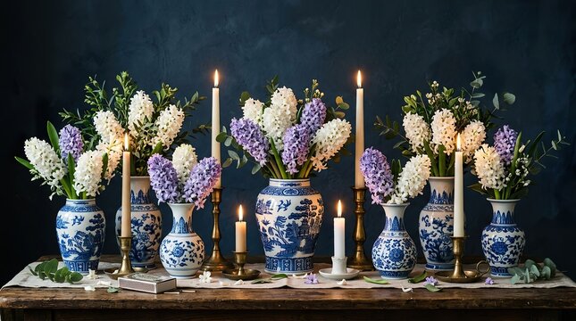 A stunning elegant floral arrangement features delicate white orchids vibrant lilacs and beautiful blue and white porcelain vases resting on a dark