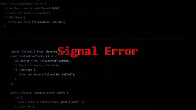 Glitchy signal error text overlay on black background featuring code syntax, system failure, technical interruption, digital breakdown, cybersecurity threat, software bug alert