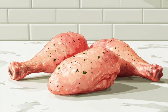 Three Raw Chicken Legs Seasoned on a Kitchen Counter