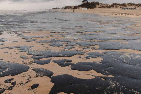 Polluted ocean shoreline with oil fuel residue covering rocks and sand after an apparent oil spill