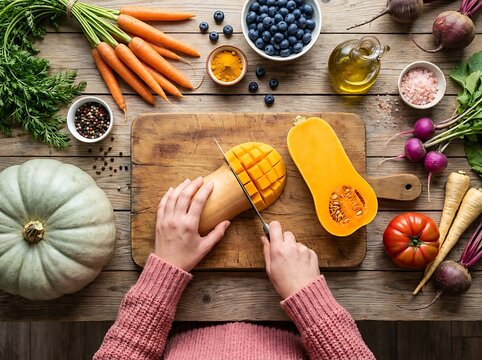 Person dicing fresh butternut squash on wooden cutting board for