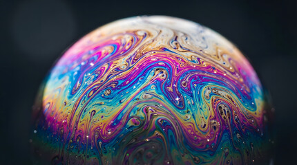 Fototapeta premium Macro photography of a soap bubble with iridescent rainbow colors and swirling patterns