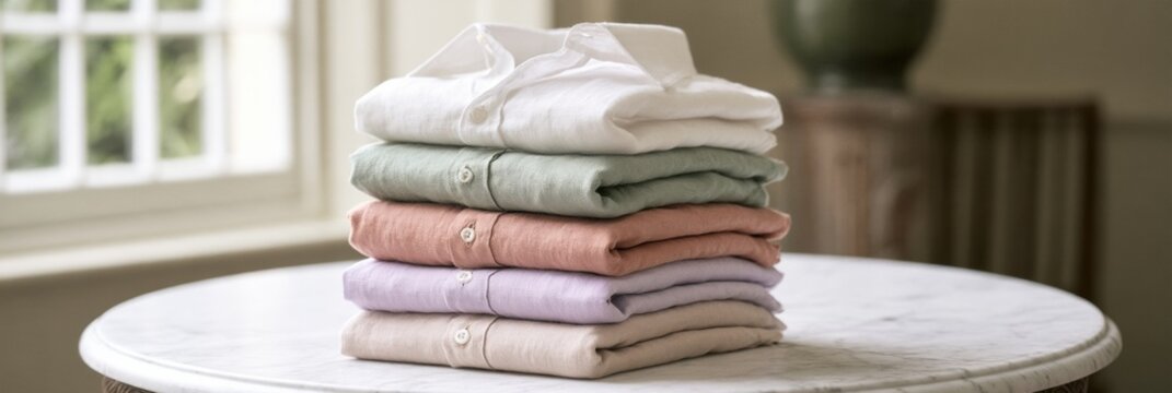 A stack of six linen shirts in shades of white, green, terracotta, lavender, and sand placed on a marble table.