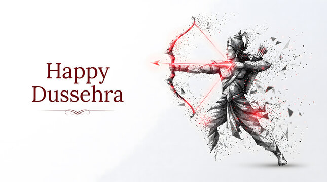Happy dussehra greeting with low poly particle archer aiming glowing red bow on clean white background