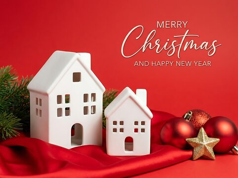 White ceramic houses with christmas ornaments and pine branches on