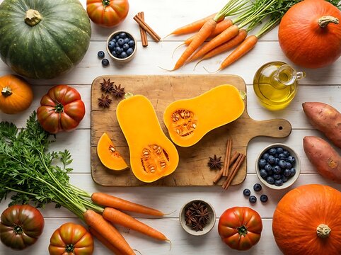 Autumn harvest vegetables and fruits flat lay with butternut squash