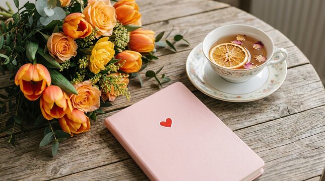 A cozy still life featuring a bouquet of orange tulips a cup of tea and a pink journal on a rustic wooden