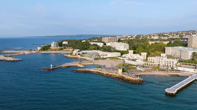 aints Constantine and Helena beach bay sunrise drone view luxury resort coastline Black Sea Varna Bulgaria travel stock footage