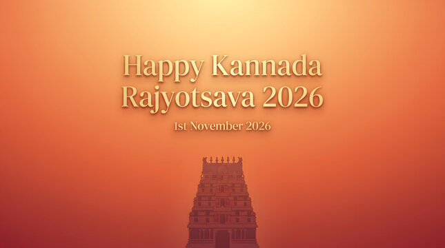 Happy kannada rajyotsava 2026 greeting with golden text november date and temple gopuram on orange gradient background