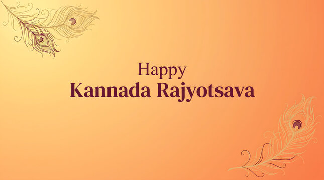 Happy kannada rajyotsava greeting with maroon text and peacock feather corner decoration on peach orange gradient background
