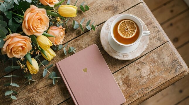 Warm and inviting flat lay featuring a cup of tea roses and a journal on a rustic wooden surface