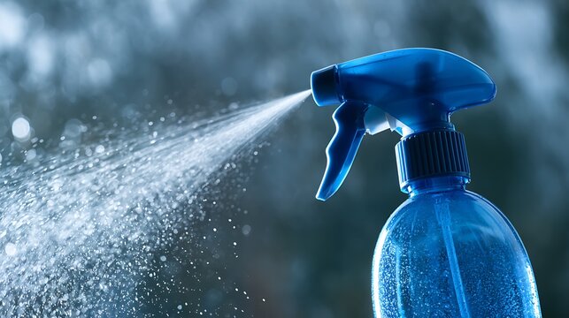 Blue spray bottle dispersing fine mist of cleaning liquid particles