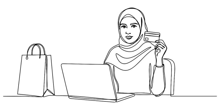Woman wearing hijab holding credit card with laptop and bag in continuous line drawing for online shopping e-commerce use.