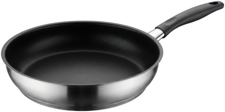 Modern black non-stick frying pan with handle.