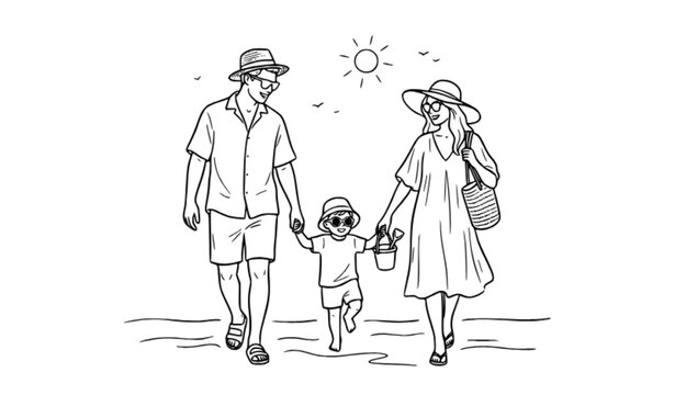 Family of Three Walking on Summer Holiday with Sun Hats and Sunglasses Vector