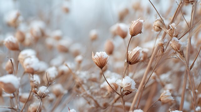 Dried meadow plants covered with thin layer of white snow