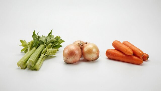Fresh celery stalks with yellow onions and orange carrots isolated on