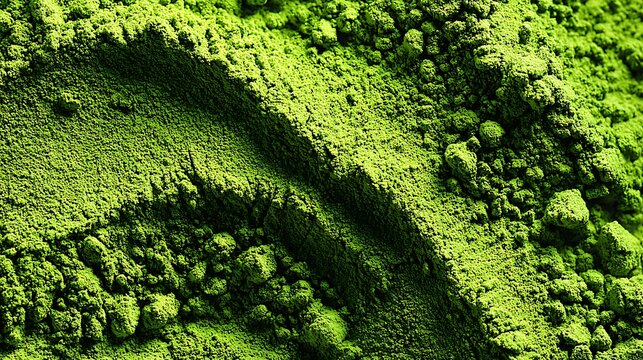 Fresh organic green matcha tea powder spread evenly across the surface for healthy wellness drinks and culinary ingredients