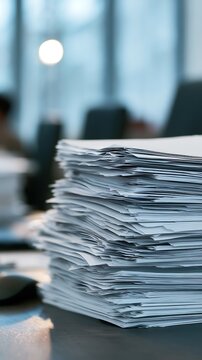 Large stack of important business documents on office desk