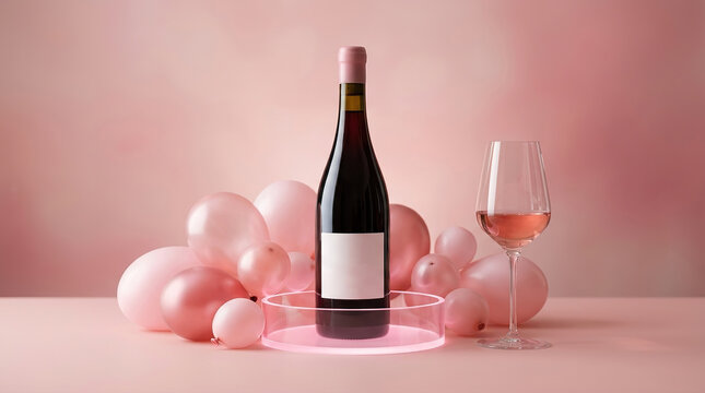A beautifully arranged still life scene with a dark wine bottle surrounded by soft pastel balloons and elegant glassware