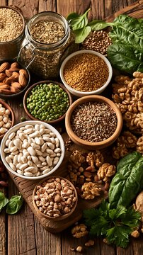 Healthy assorted grains and nuts in bowls on rustic wood