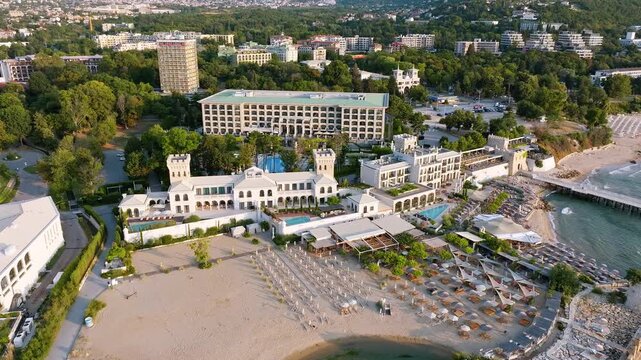 Villa Chinka luxury beach hotel aerial drone view sunrise Saints Constantine and Helena resort Varna Bulgaria travel stock footage
