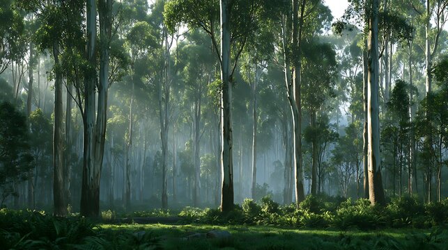 Sunlight streaming through tall eucalyptus trees in lush green forest