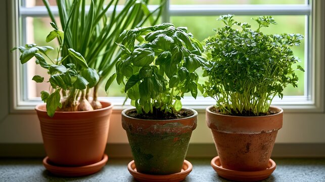Three clay pots with fresh herbs sitting on windowsill