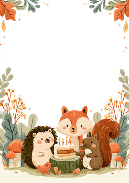 Cute hedgehog, fox and squirrel sharing a birthday cake on a mossy log with copy space