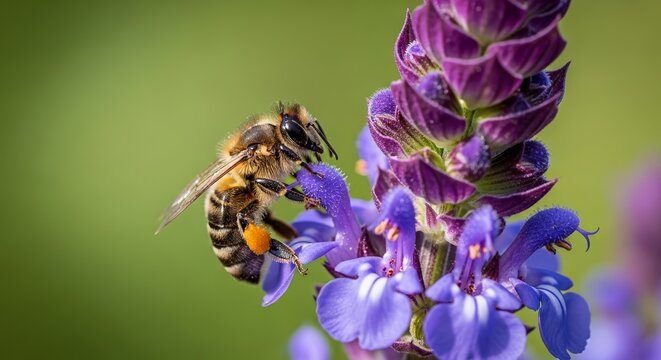Bee collecting pollen from vibrant sage flower with purple petals. Buzzing bee interacts closely with colorful blossoms, showcasing nature's beauty and the importance of pollinators.