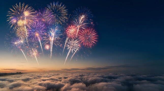 New Year fireworks exploding above a sea of clouds at twilight, colorful night sky celebration background for holiday cards