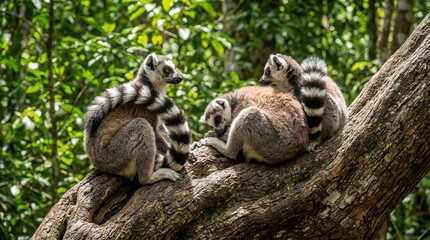 Fototapeta premium Ring-tailed Lemurs Resting Together on a Tree Branch in Lush Green Forest