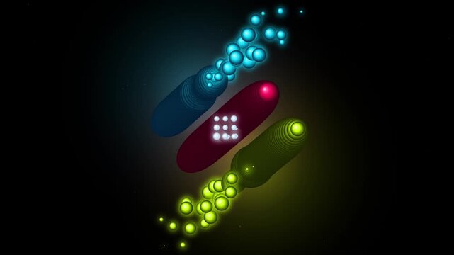 Futuristic abstract digital art featuring colorful glowing spheres and capsules on a black background
