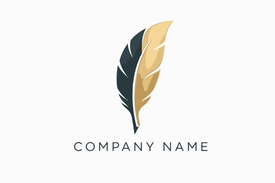 Elegant feather logo design featuring split gold and dark tones for writing, education, and creative branding