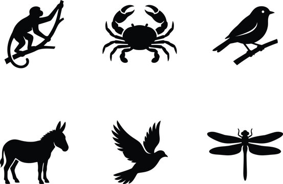 Black silhouette animals and human climbing icon set for educational posters and branding