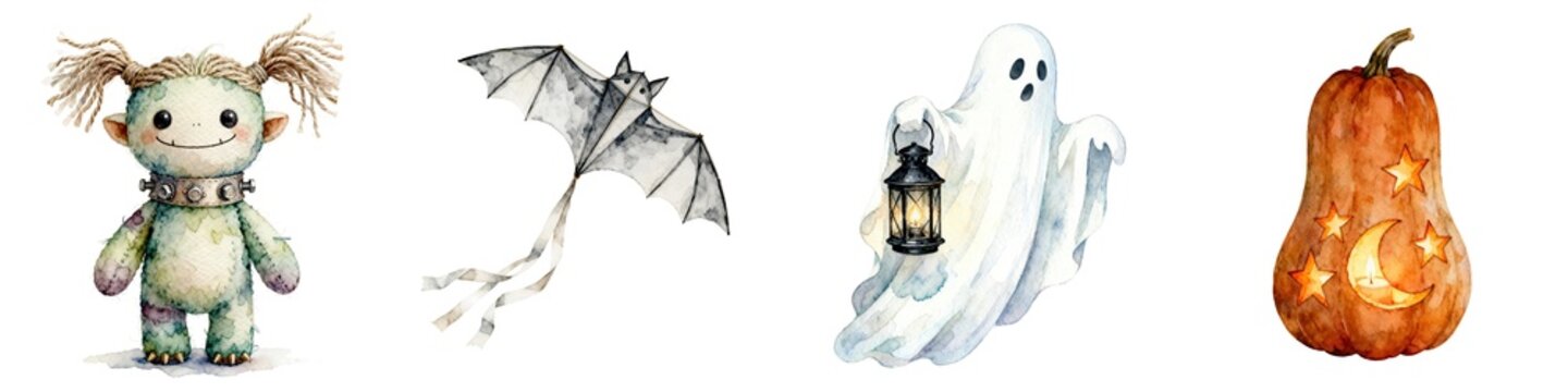Halloween isolated watercolor - fuzzy monster, grey bat, startled ghost with lantern, carved orange moon-star pumpkin, transparent