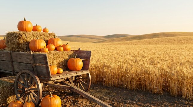 Wooden farm wagon filled with hay bales and vibrant orange pumpkins standing beside a harvested golden wheat field at sunset