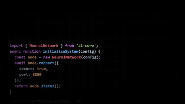 Javascript programming code displayed on a computer screen for software development, neural network integration, backend architecture, coding syntax, engineering