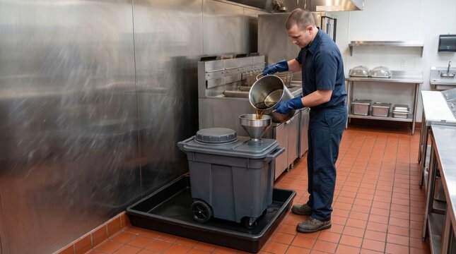 Restaurant worker pouring used cooking oil into grease caddy on spill tray for kitchen safety