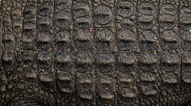 Flat lay view of dark green alligator skin texture under soft diffused natural daylight
