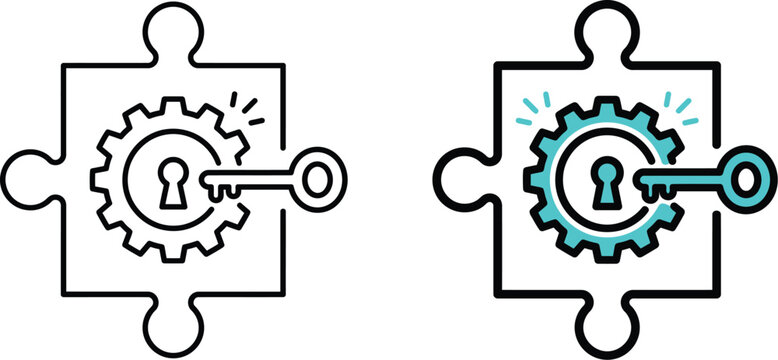 Puzzle pieces with key and gear mechanism for problem solving and unlocking solutions in business.