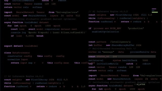 Data stream terminal showing source code lines, digital system logs, cybersecurity monitoring, binary sequences, virtual server administration