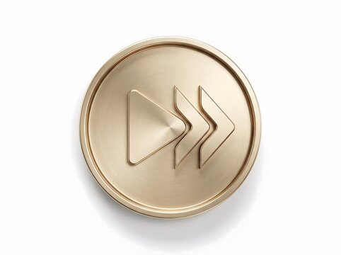 Golden fast forward icon badge isolated on white background with forwarding interface metallic isolated background multimedia acceleration