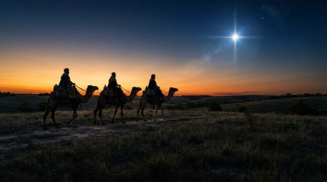 Three Wise Men on camels following the Star of Bethlehem at sunset