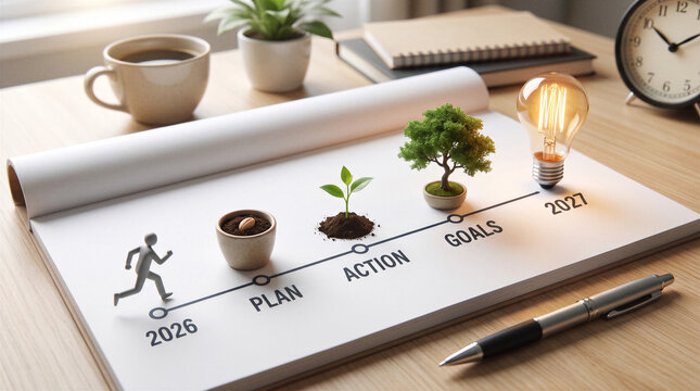 2026 to 2027 growth roadmap concept with plan action goals tree and glowing light bulb.